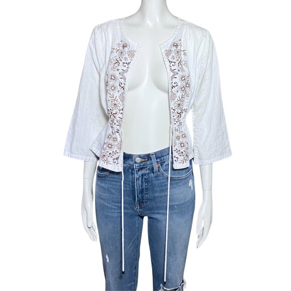 Y2K 100% Cotton White Boho Embroidered Tie Waist Peasant Top Cottagecore XS/S - Picture 6 of 9